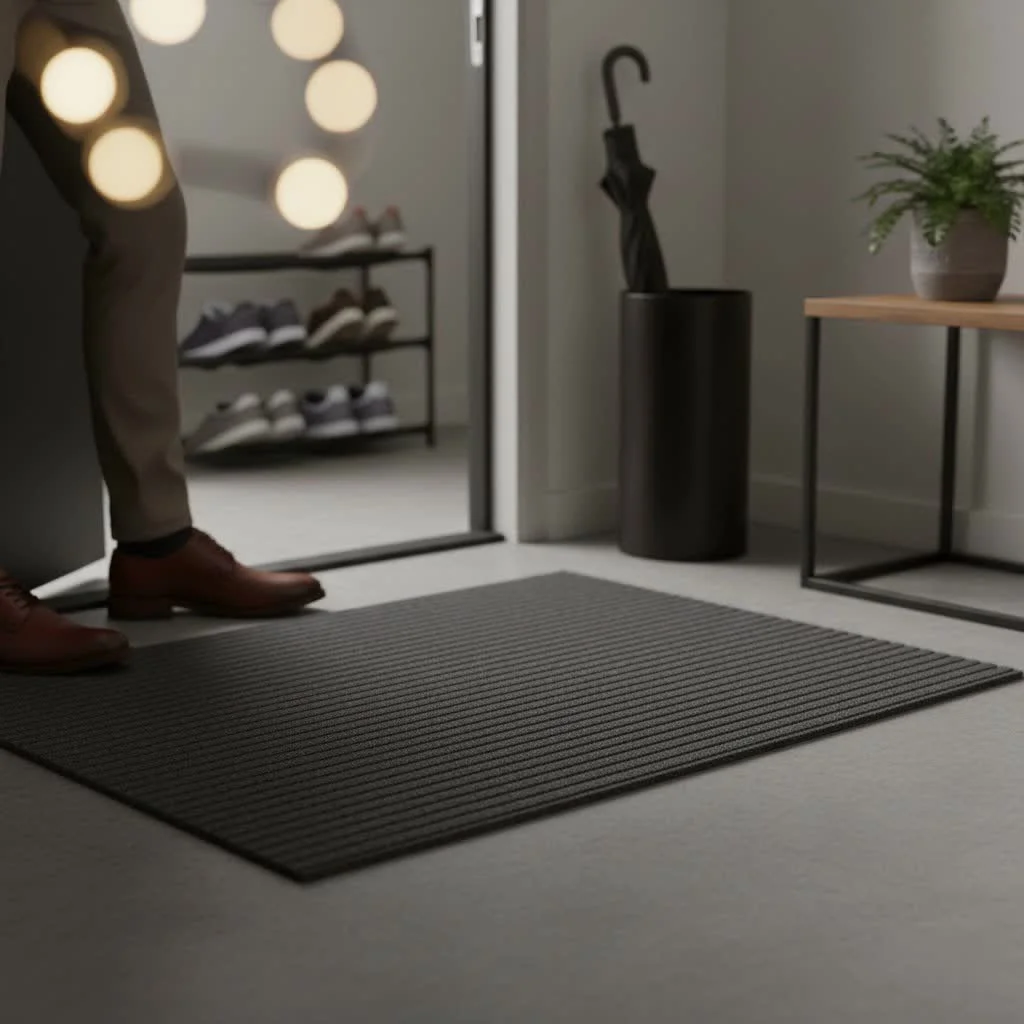 Elegant estate door mat at a grand entrance