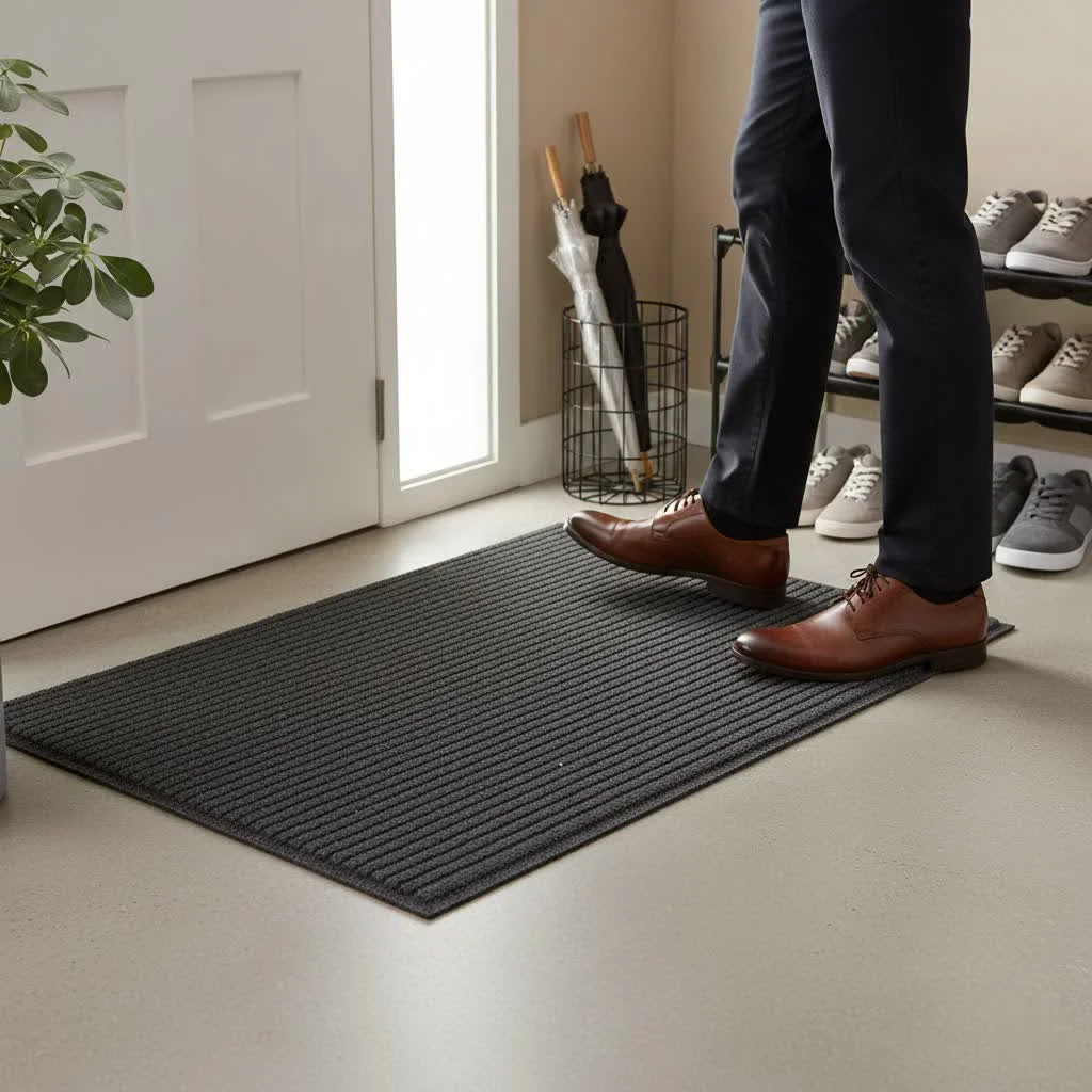 Garage door mat protecting a clean garage floor