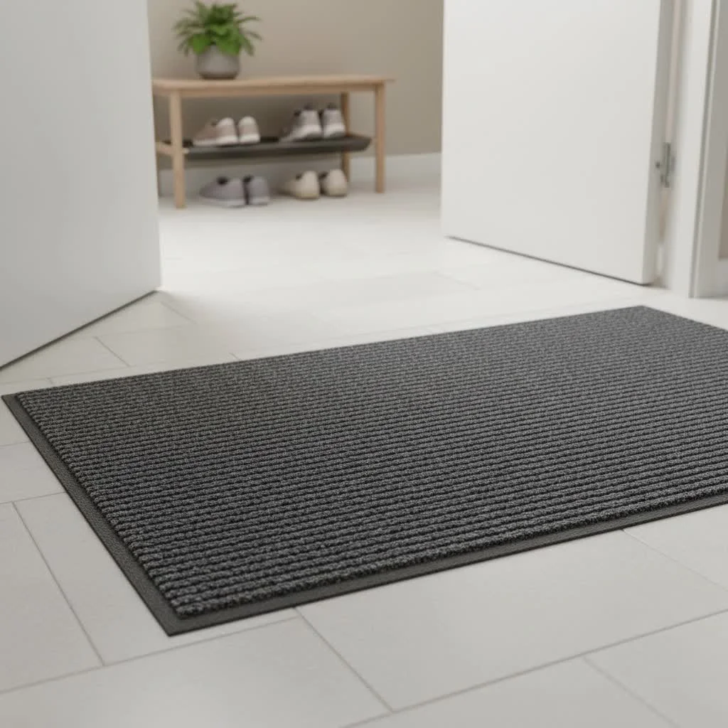 Jute door mat with a natural weave on a wooden floor