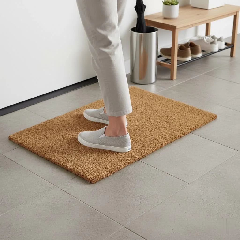 Natural coir door mat with a welcome design