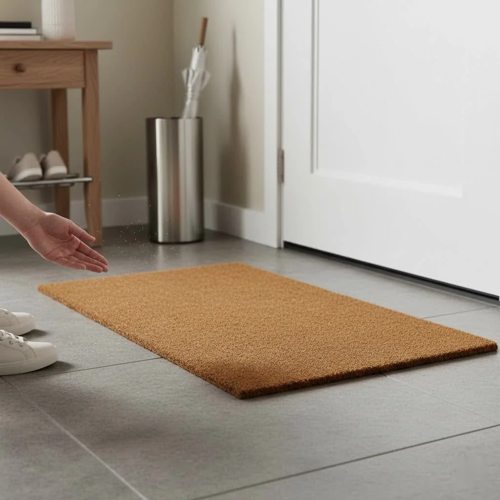 Outdoor welcome door mat on a porch