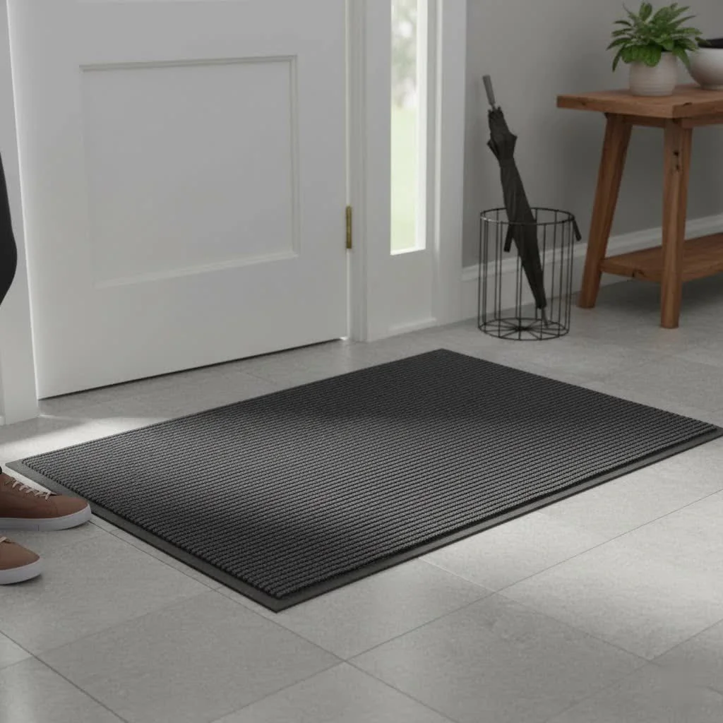 Interchangeable door mat with a floral insert on a porch