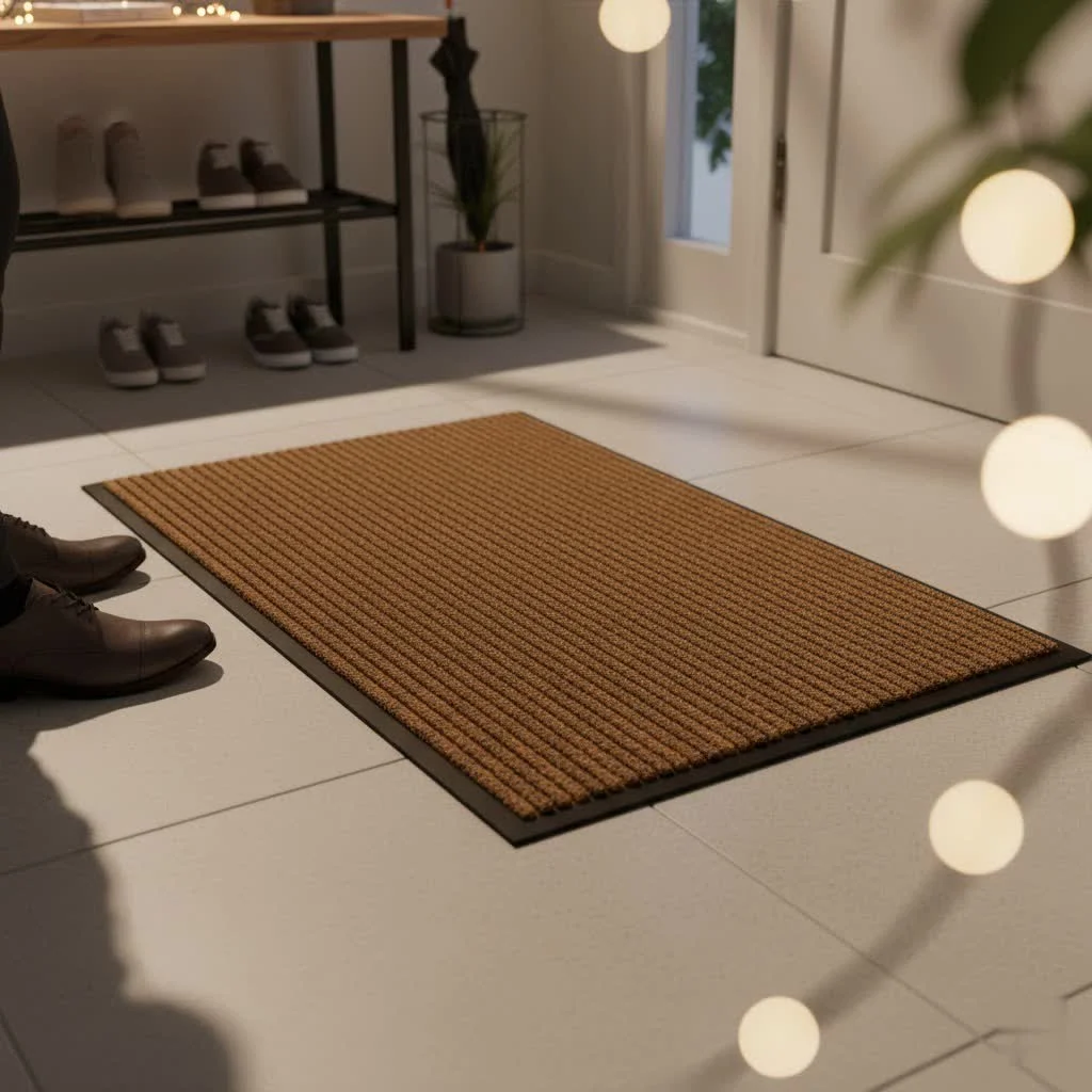 Large double door floor mat at a home entrance