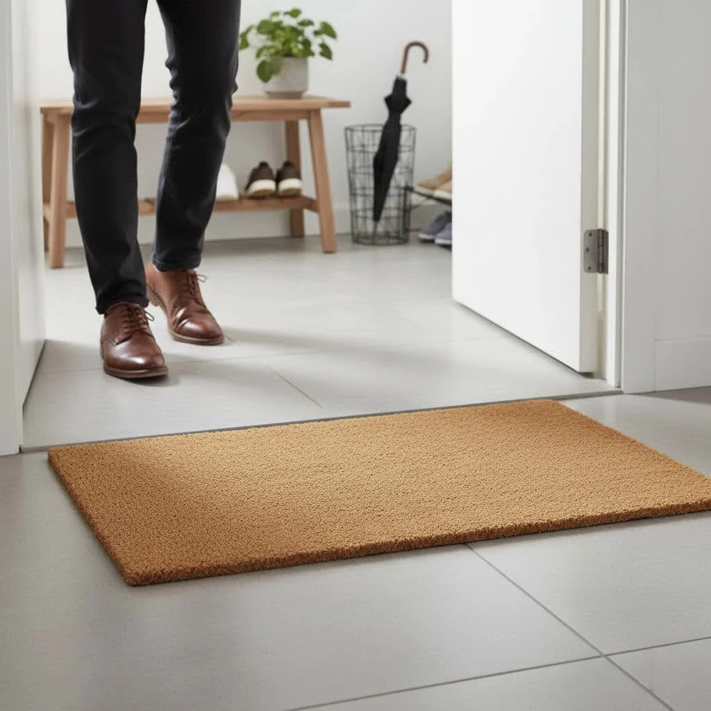 A stylish home door mat with a welcome message