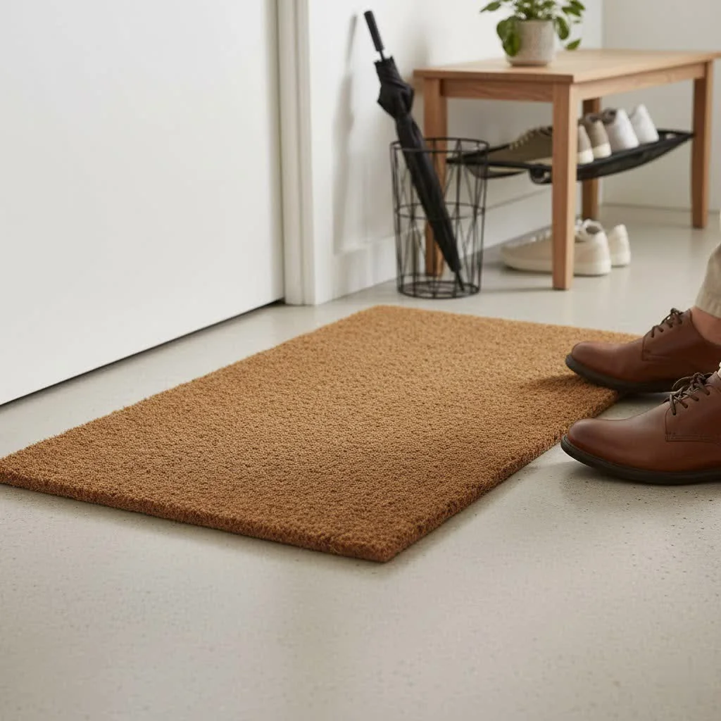 A stylish entryway with a durable door mat
